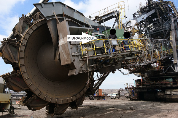 Nahaufnahme vom vorderen Schaufelrad des Baggers