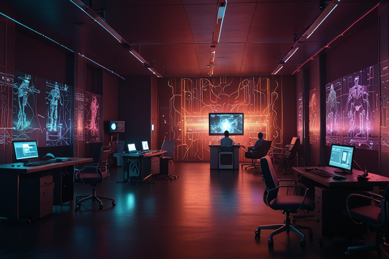 KI-generiertes Bild, fluoreszierende Farben in großem Raum, Monitore im Hintergrund, Personen die im Büro arbeiten/eine Verlinkung des Bildes führt zur Forschungsprojektwebsite