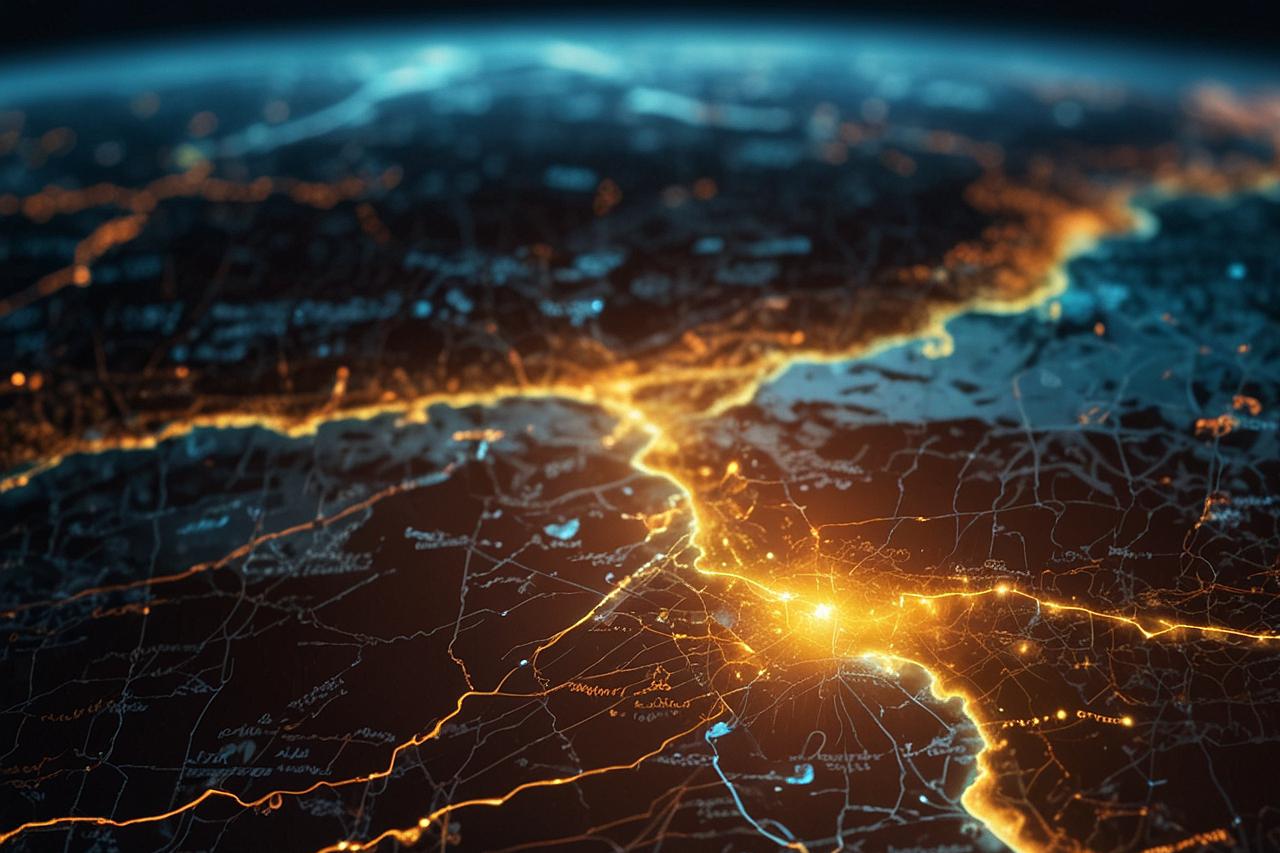 KI-generiertes Bild, Erde bei Nacht von oben, orange-leuchtende Ströme symbolisieren Daten- und Energiefluss/eine Verlinkung des Bildes führt zur Forschungsprojektwebsite