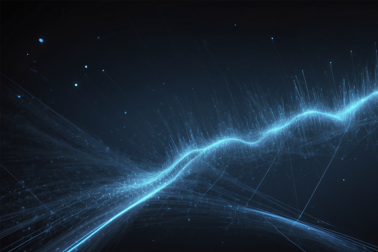 Ki-generiertes Bild, digitale Ströme und Daten als fluoreszierende Linien/eine Verlinkung des Bildes führt zur Forschungsprojektwebsite