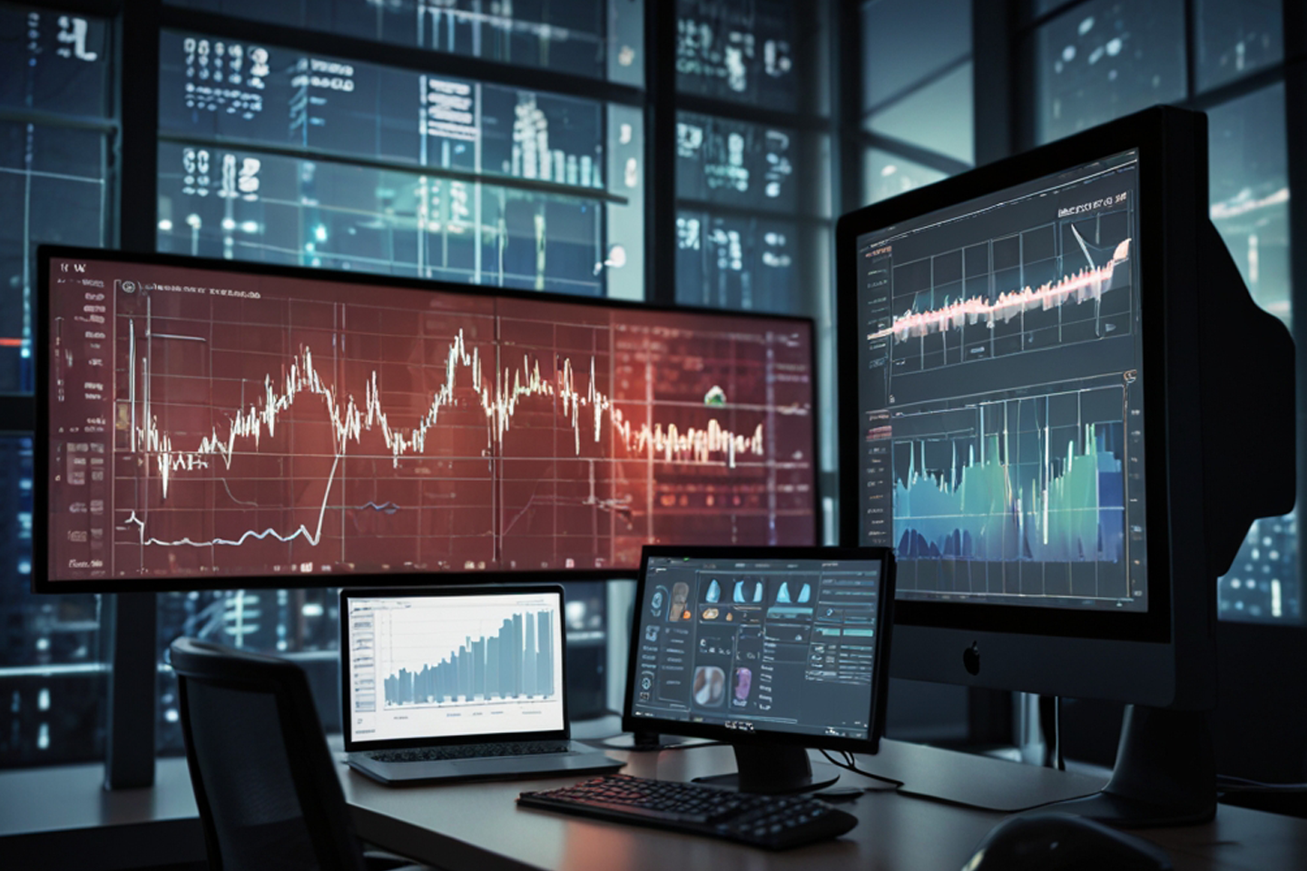 KI-generiertes Bild, Arbeitsplatz mit vielen leuchtenden Monitoren, auf den Monitoren Diagramme zu sehen/eine Verlinkung des Bildes führt zur Forschungsprojektwebsite