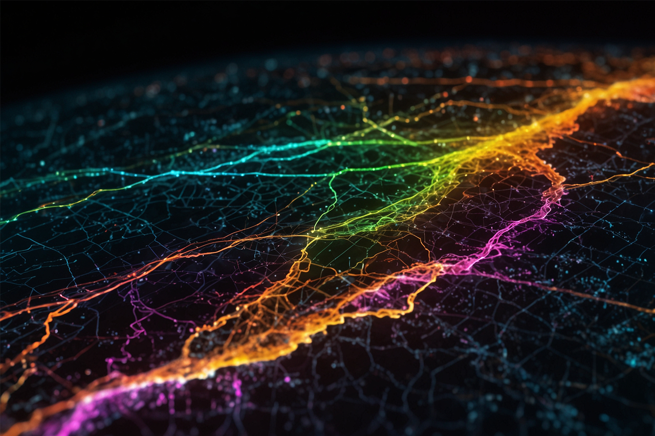 KI-generiertes Bild - Blick aus dem Weltall auf die Erde bei Nacht, fluoreszierende Lichtströme symbolisieren Datenströme/eine Verlinkung des Bildes führt zur Forschungsprojektwebsite