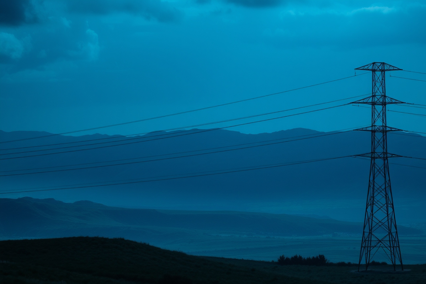 Freileitung bei Dämmerung in weiter Landschaft