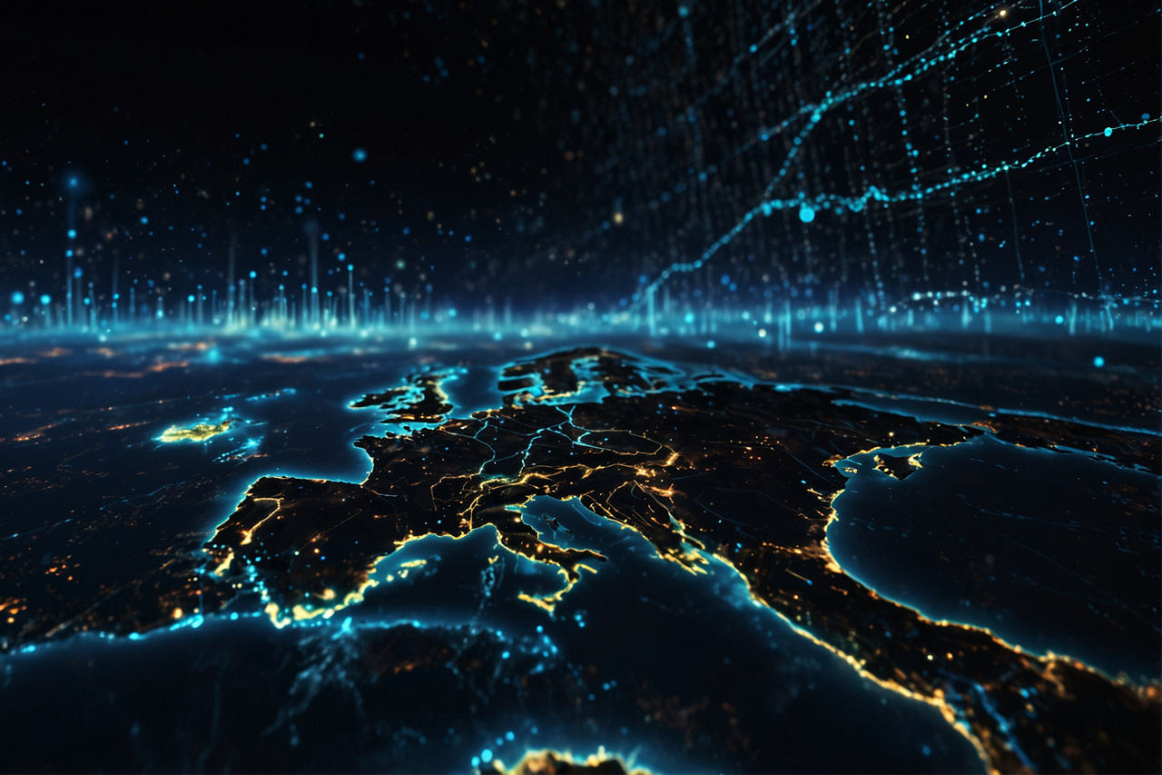 digitale Daten visualisiert mit Lichtströmen über europäischer Halbinsel bei Nacht