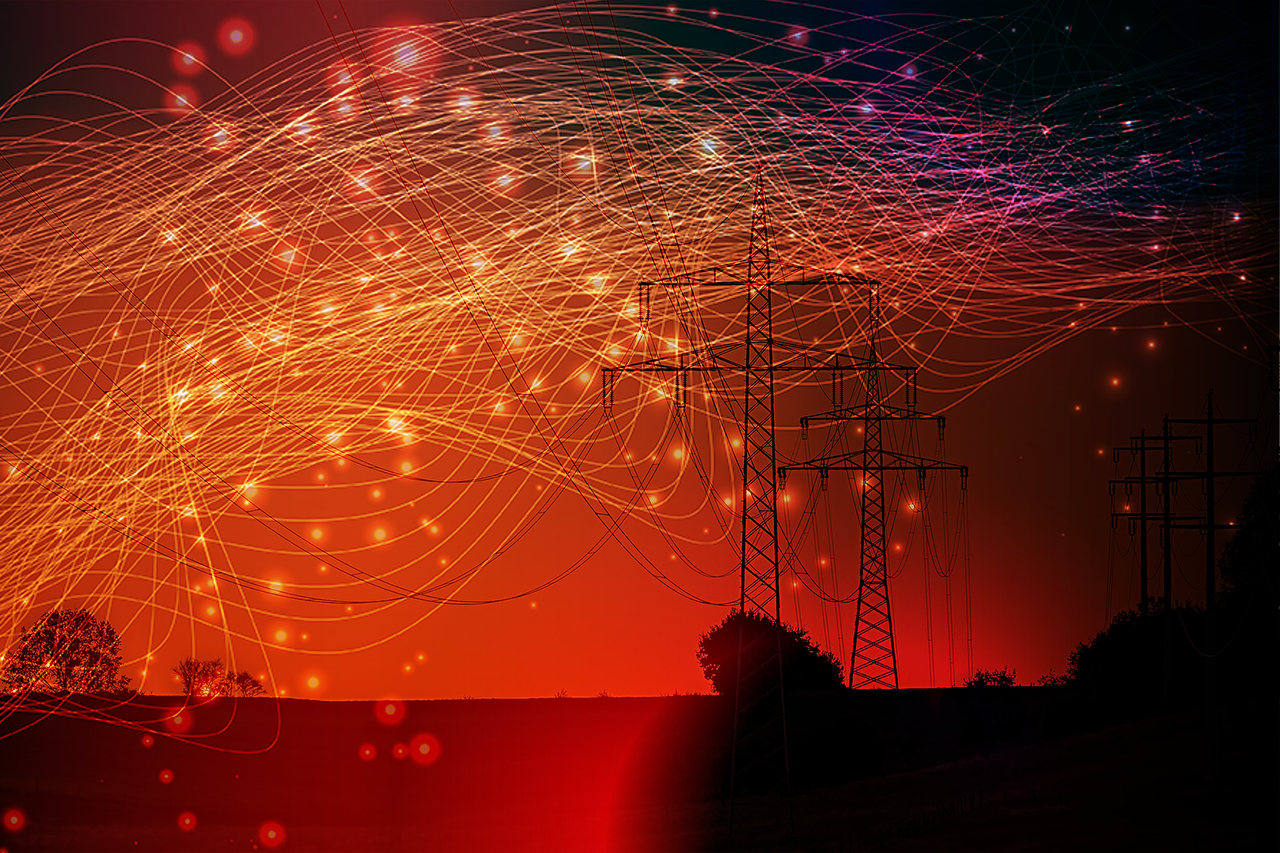 Symbolbild zu Smart Grid, orangeroter Hintergrund, leuchtende Partikel im Vordergrund/Verlinkung führt zur Projektwebsite