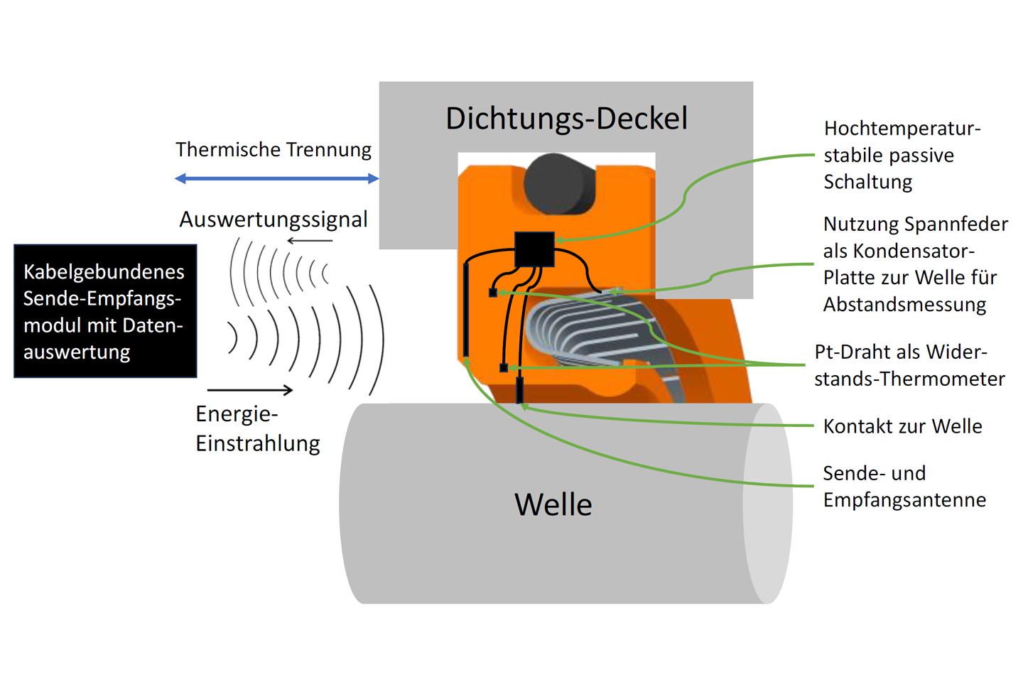 grafische Darstellung des Querschnitts einer federgestützten PTFE-Wellendichtung mit Ansätzen für die Sensorintegration