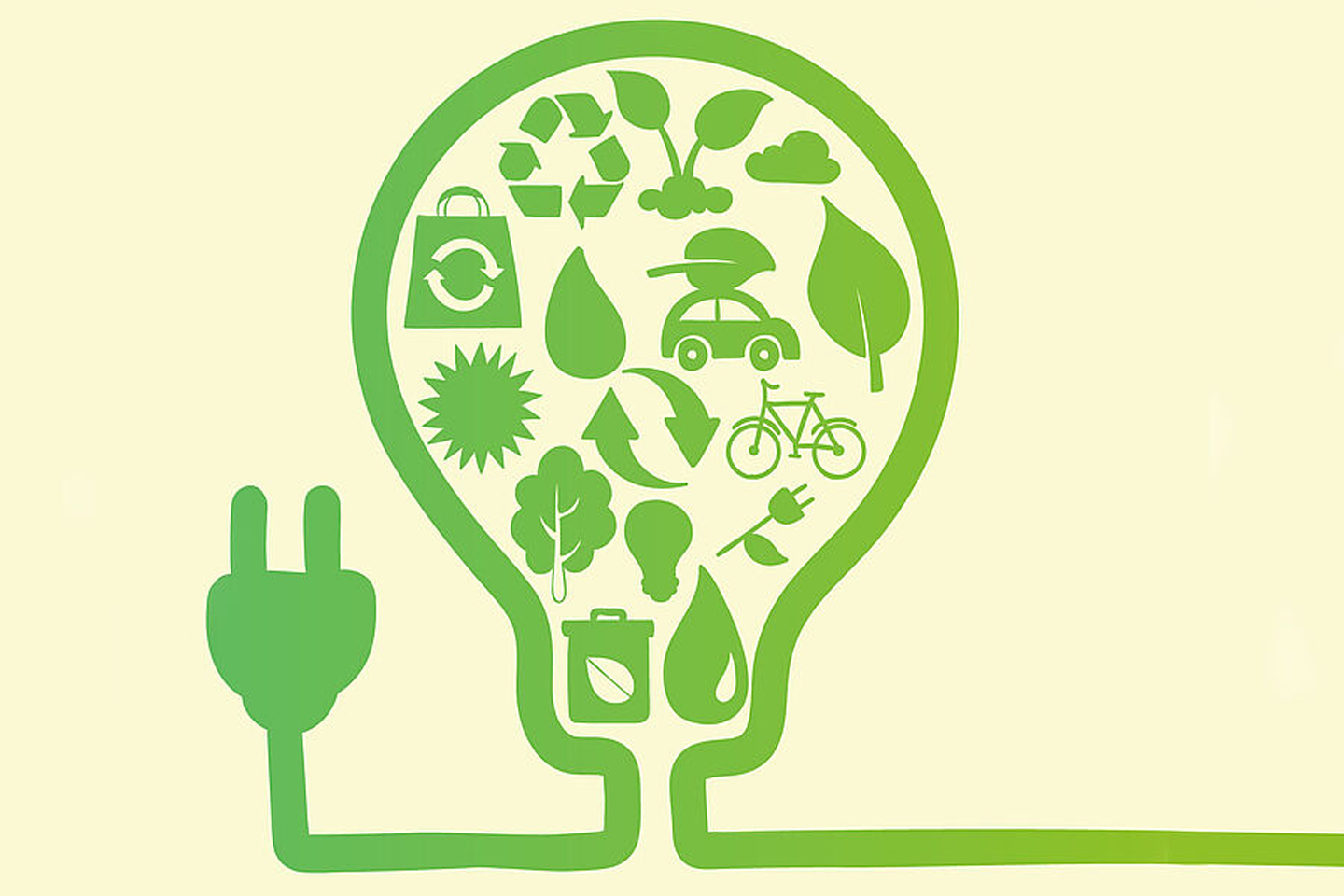 Infografik mit Windrädern, RecyclingLogo, Glühbirne und einer Fabrik, grün gehaltenVerlinkung führt zur Projektwebsite