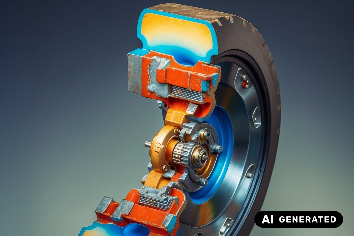 KI-generiertes Bild Querschnitt eines Radnabenmotors, ausgewählte Elemente in verschiedenen Farben/eine Verlinkung des Bildes führt zur Forschungsprojektwebsite